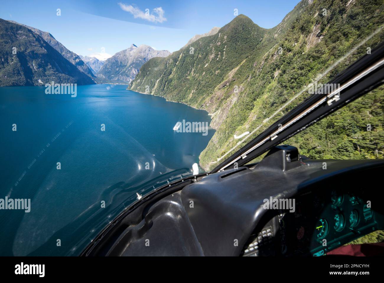 Approaching Milford airport by helicopter, South Island, New Zealand. Stock Photo