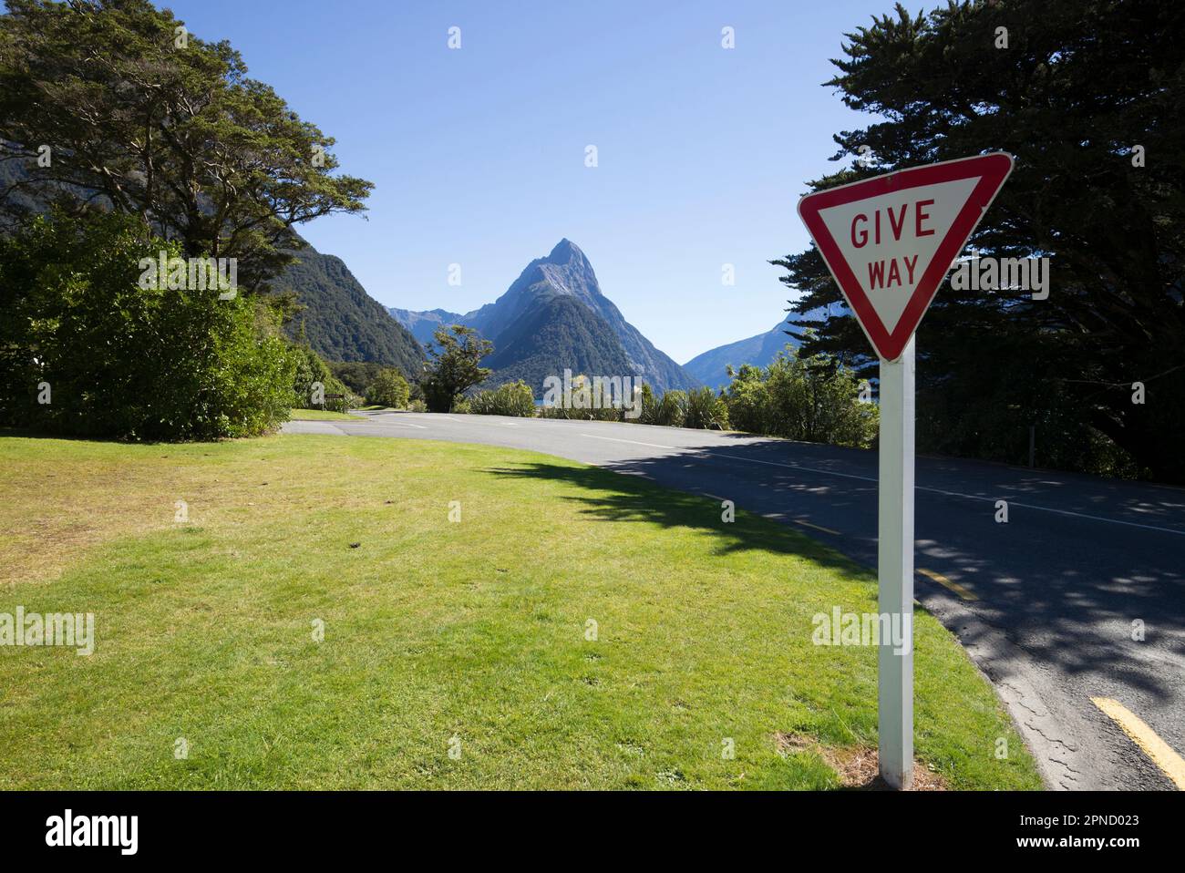 Not much traffic to give way to in Milford, South island, New Zealand. Stock Photo