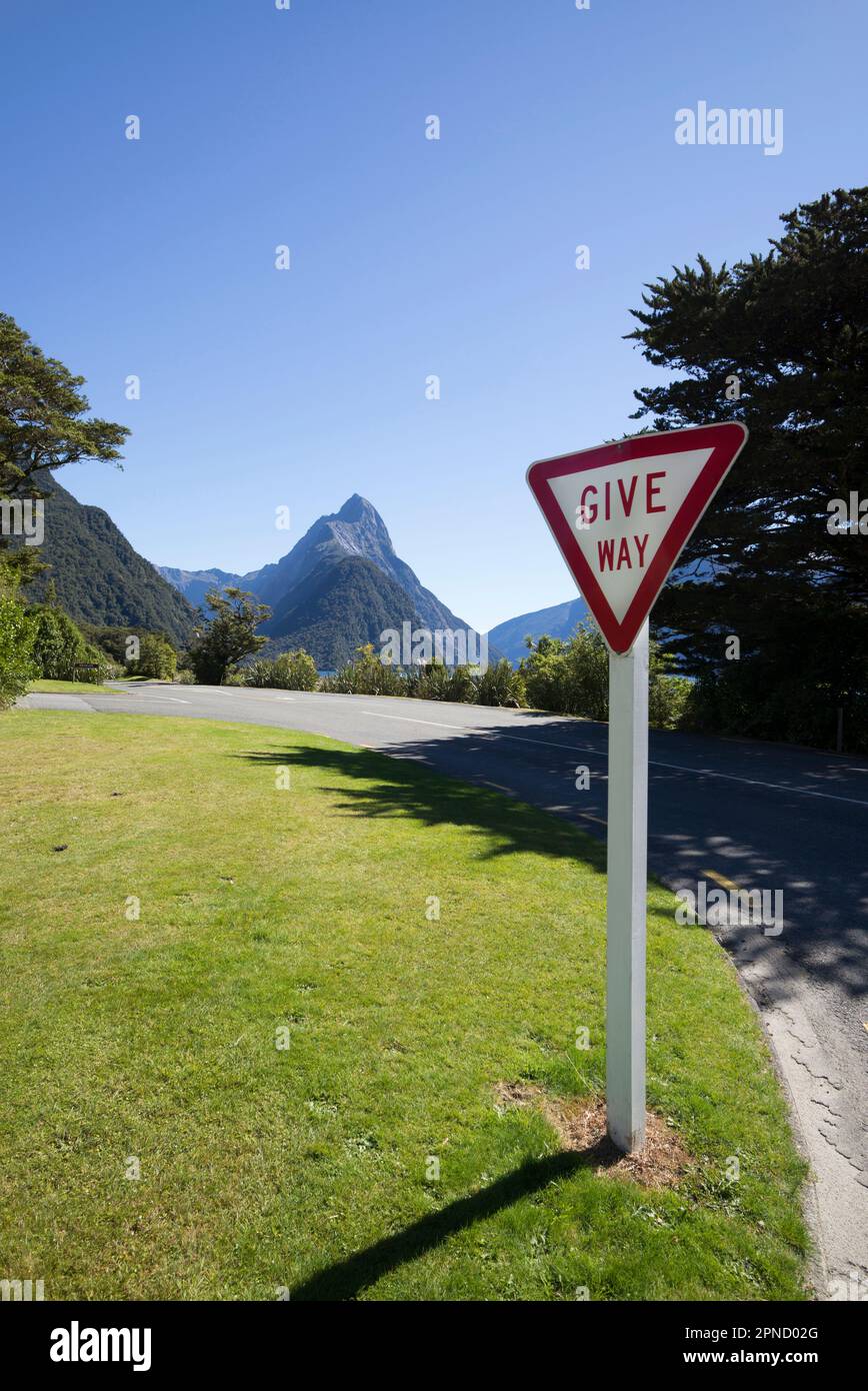 Not much traffic to give way to in Milford, South island, New Zealand. Stock Photo