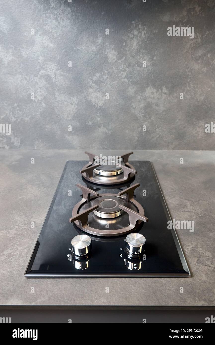 Contemporary black tempered glass gas stove hob with Two burners with