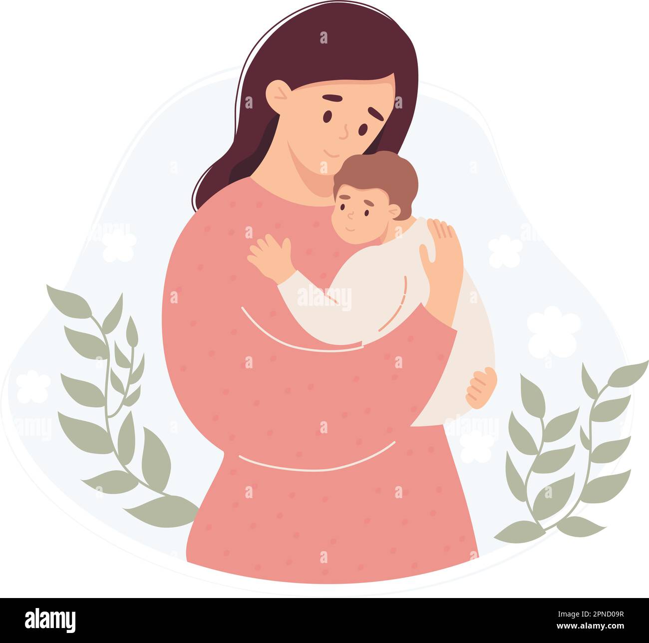 Happy girl with newborn. Cute woman gently hugs baby in her arms ...