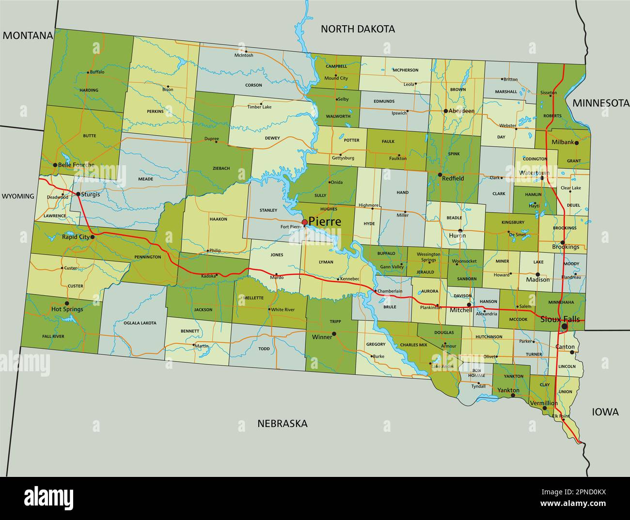 Highly detailed editable political map with separated layers. South
