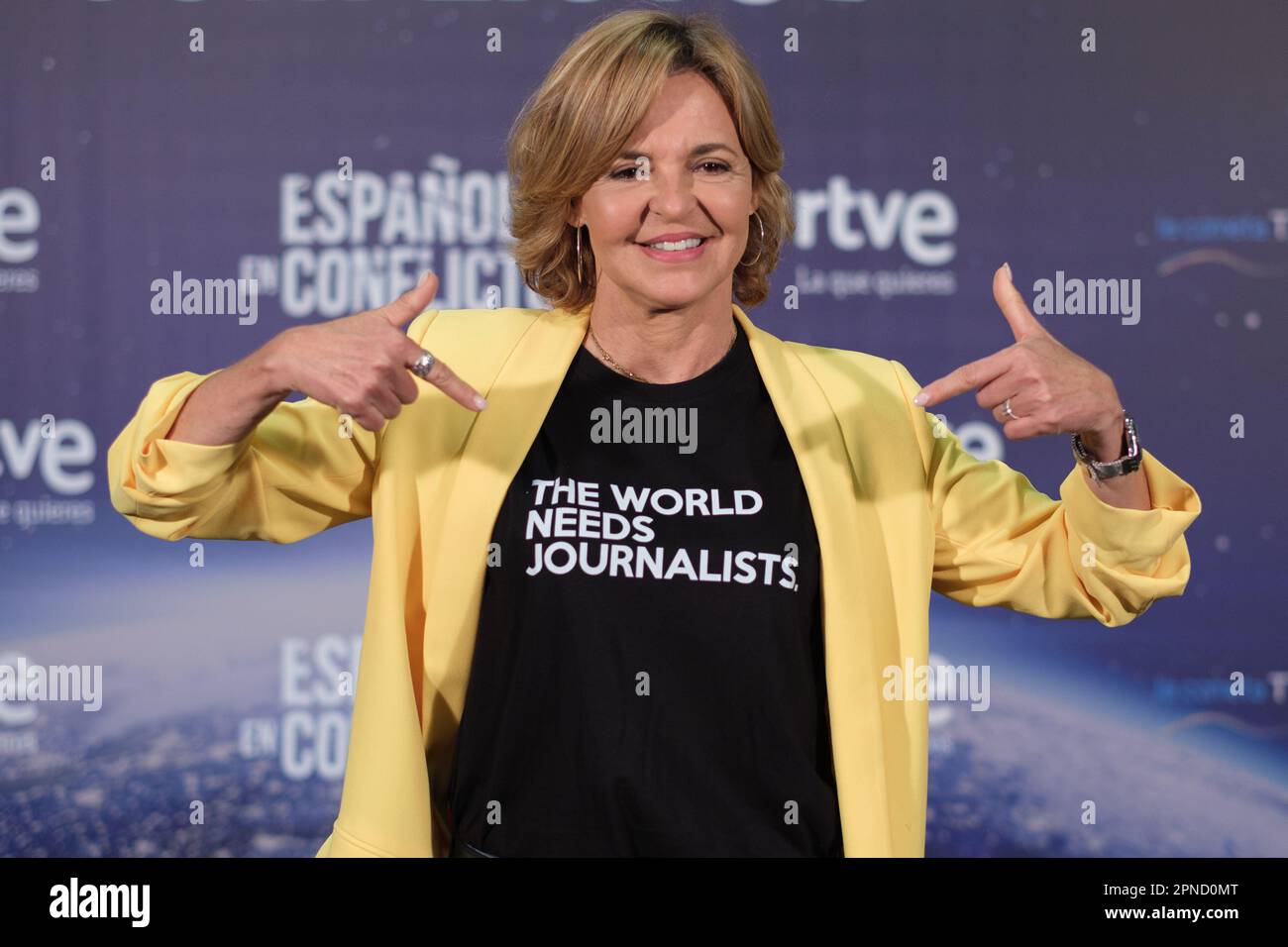 Madrid, Spain. 18th Apr, 2023. Journalist Almudena Ariza poses at the photocall during the presentation of the TV program 'Spaniards in conflict' in Madrid. (Photo by Atilano Garcia/SOPA Images/Sipa USA) Credit: Sipa USA/Alamy Live News Stock Photo