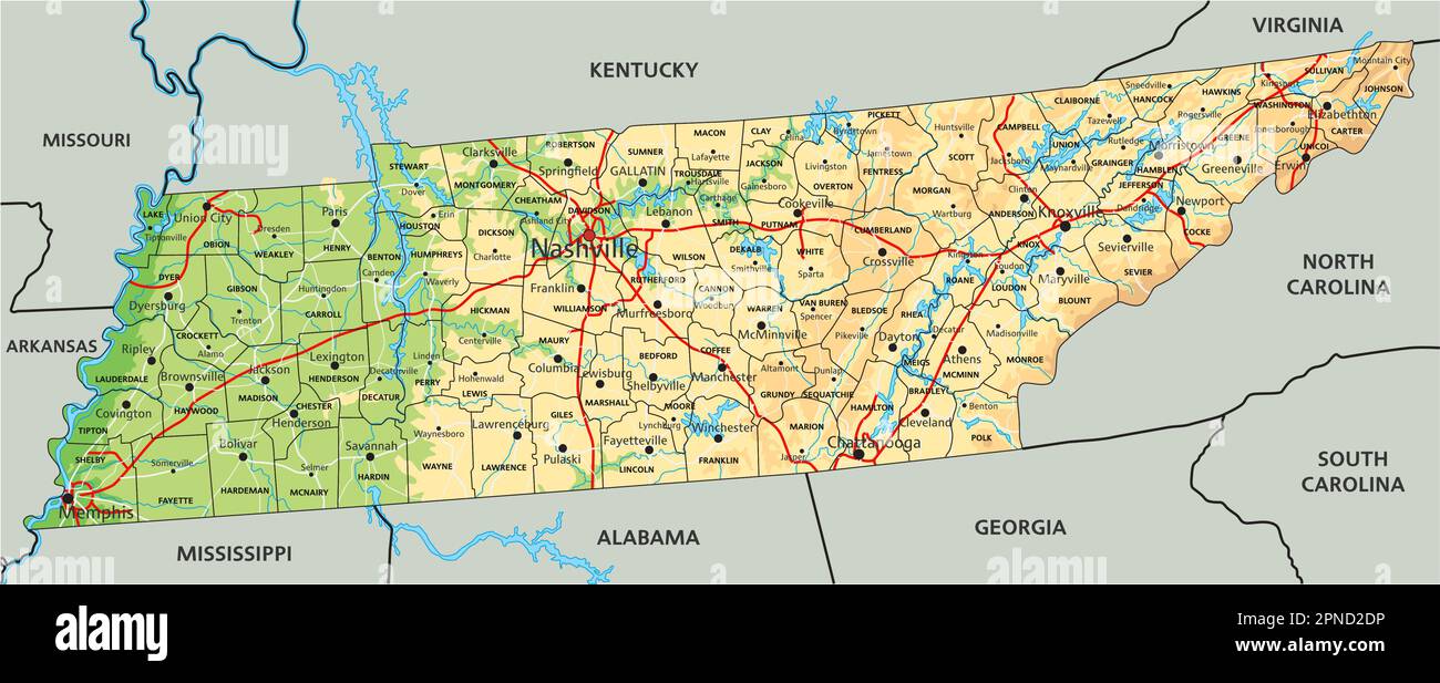 High detailed Tennessee physical map with labeling Stock Vector Image & Art Alamy