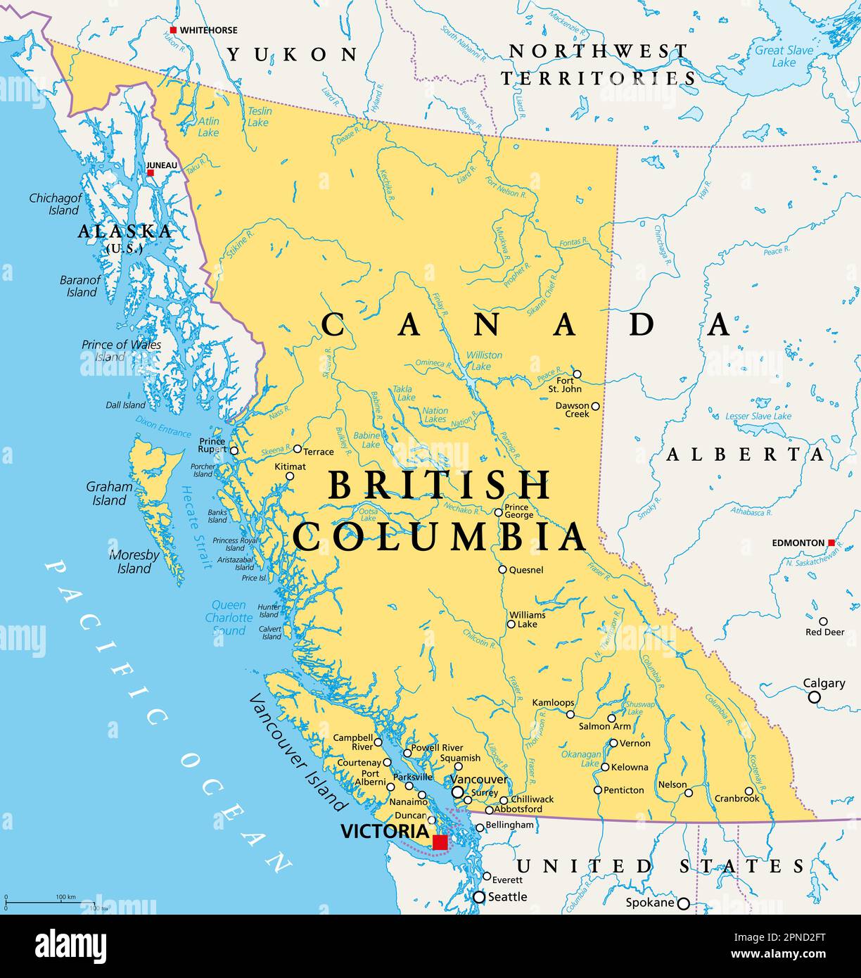 British Columbia, BC, westernmost province of Canada, political map. Situated on the Pacific Ocean, with the capital Victoria. Stock Photo