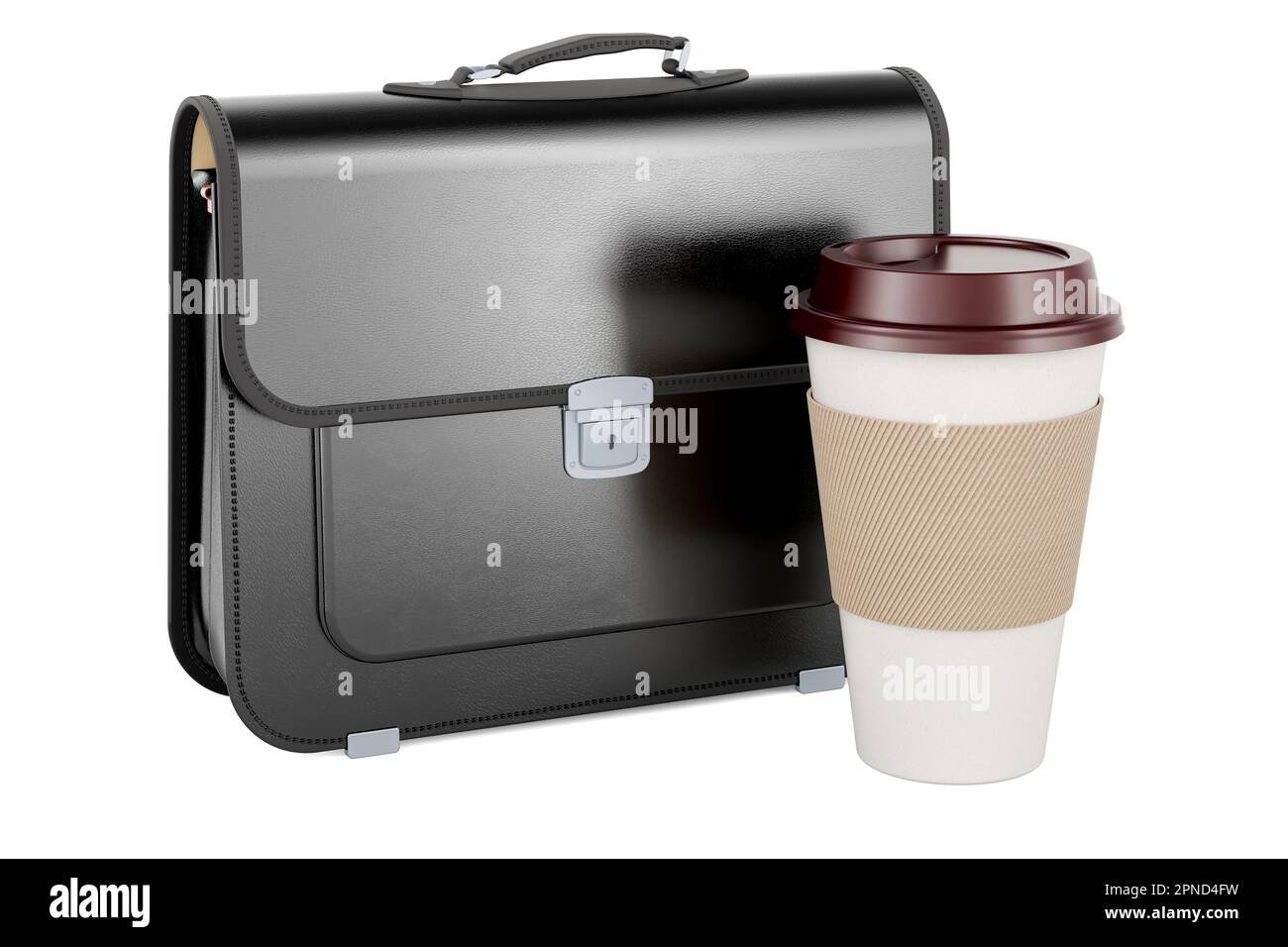 Briefcase with disposable cup of hot drink, 3D rendering isolated on