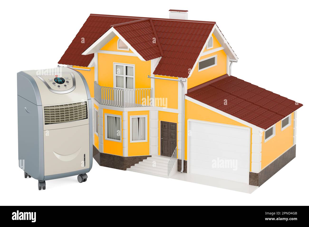 Portable Air Conditioner with home, 3D rendering isolated on white ...