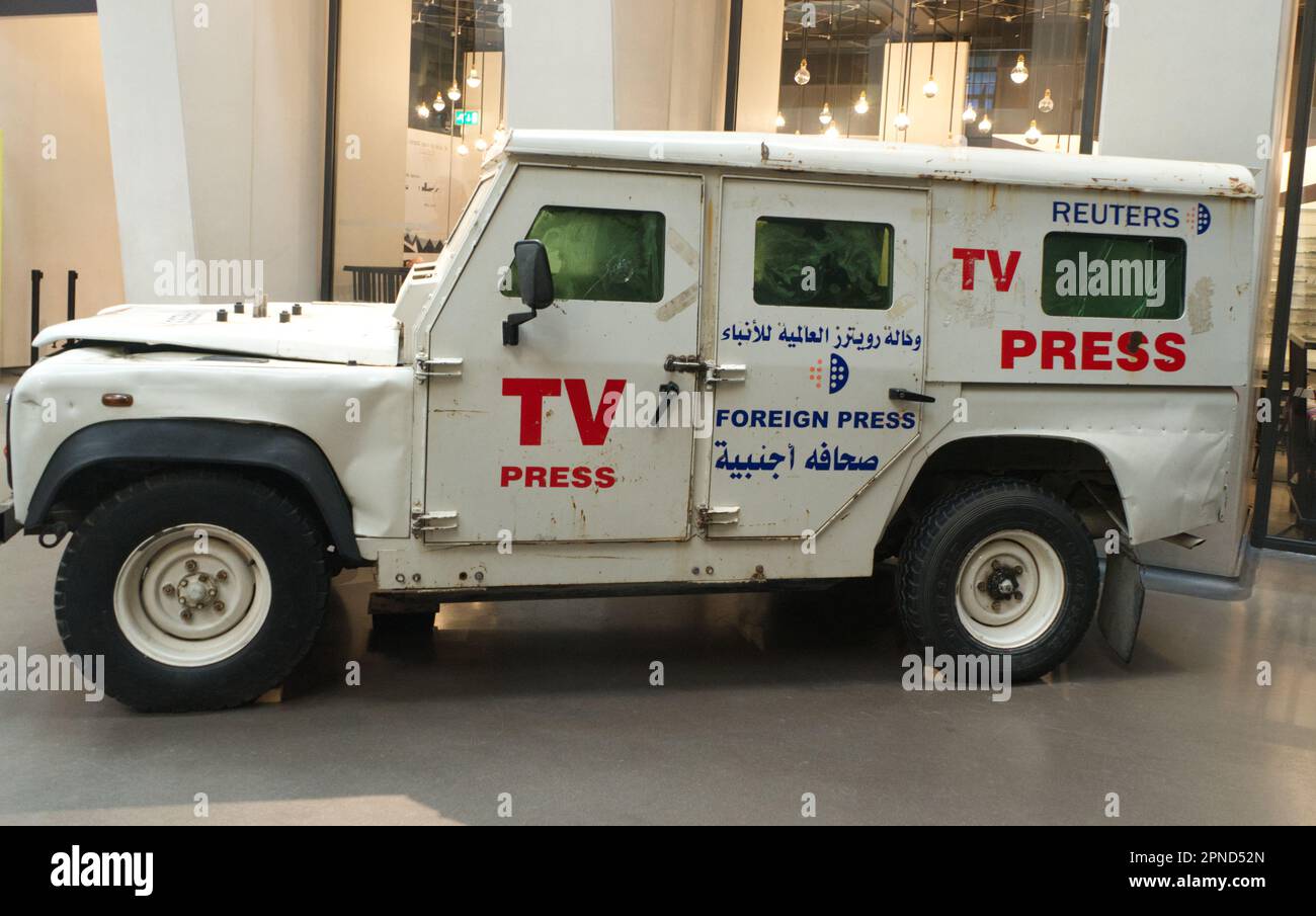 Reuters Press and Media Land Rover Vehicle Used in Combat Zones.  On display at The Imperial War Museum London. Stock Photo