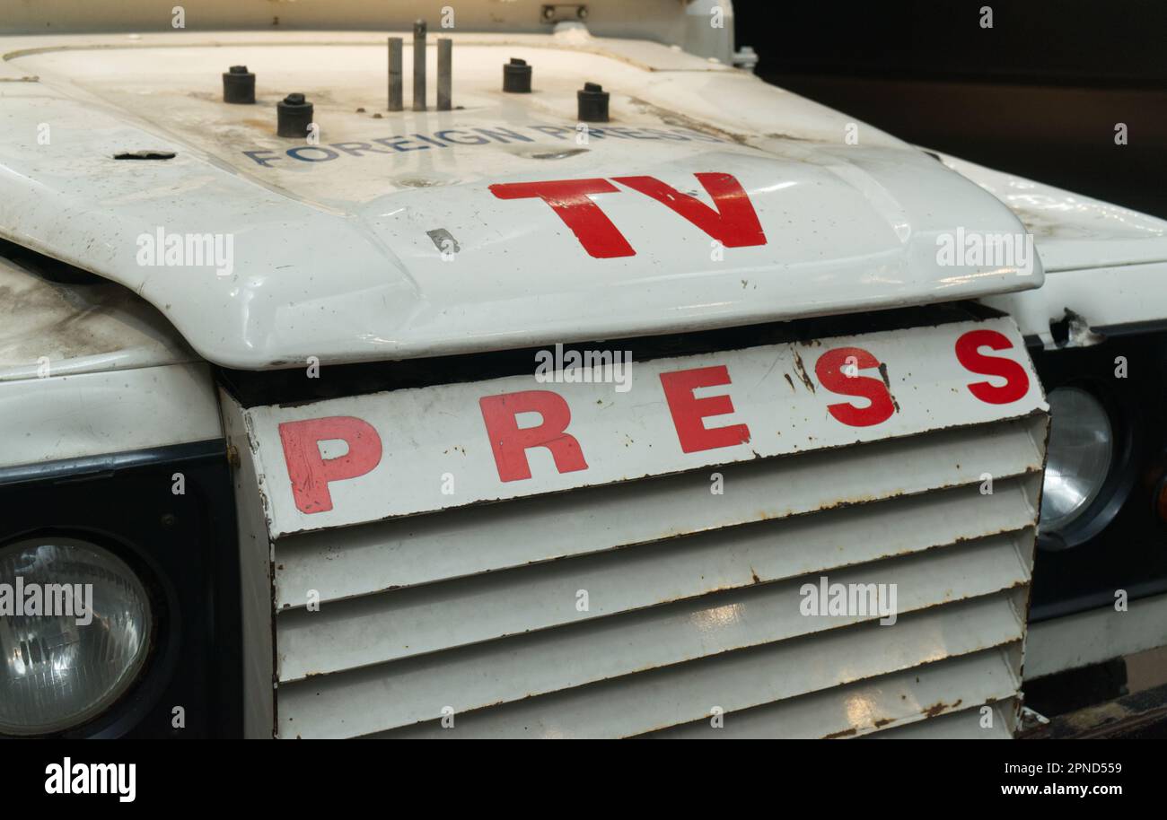 Reuters Press and Media Land Rover Vehicle Used in Combat Zones.  On display at The Imperial War Museum London. Stock Photo