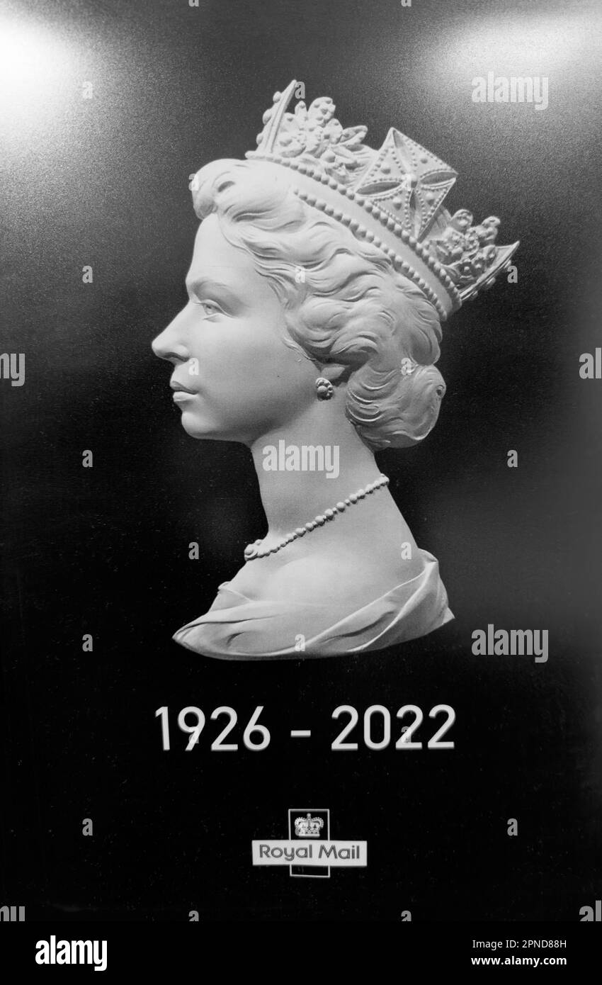 Black memorial stamp design, shown in Royal Mail sorting offices, Queen Elizabeth of Great Britain 1926 - 2022 Stock Photo