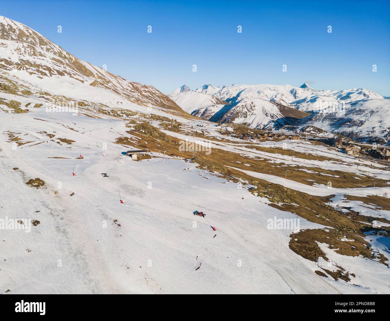 Panoramic drone view of landscape and ski resort in French Alps, Alpe D