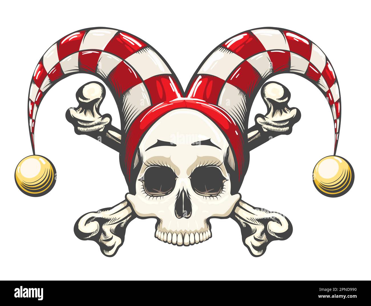 Tattoo of Human Skull in Clown Cap drawn in engraving style isolated on white background. Vector illustration. Stock Vector