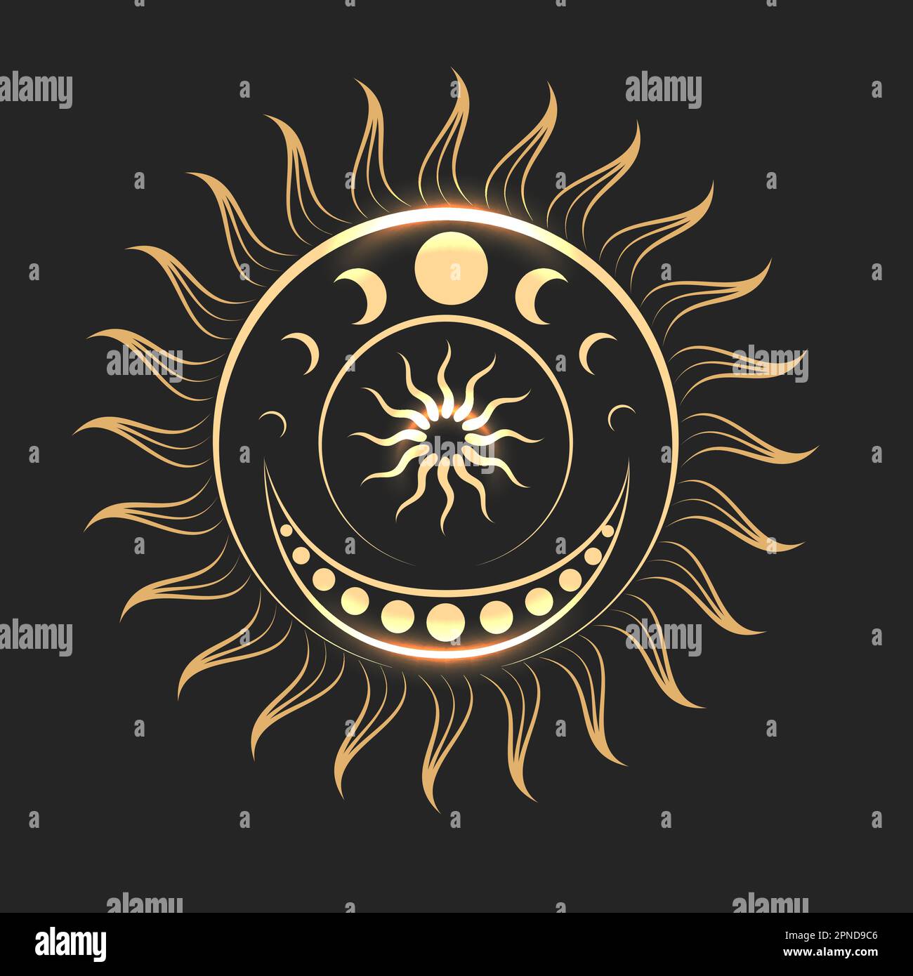 Symbol of Sun and Moon Phases Ancient Esoteric Illustration isolated on black background. Vector illustration. Stock Vector