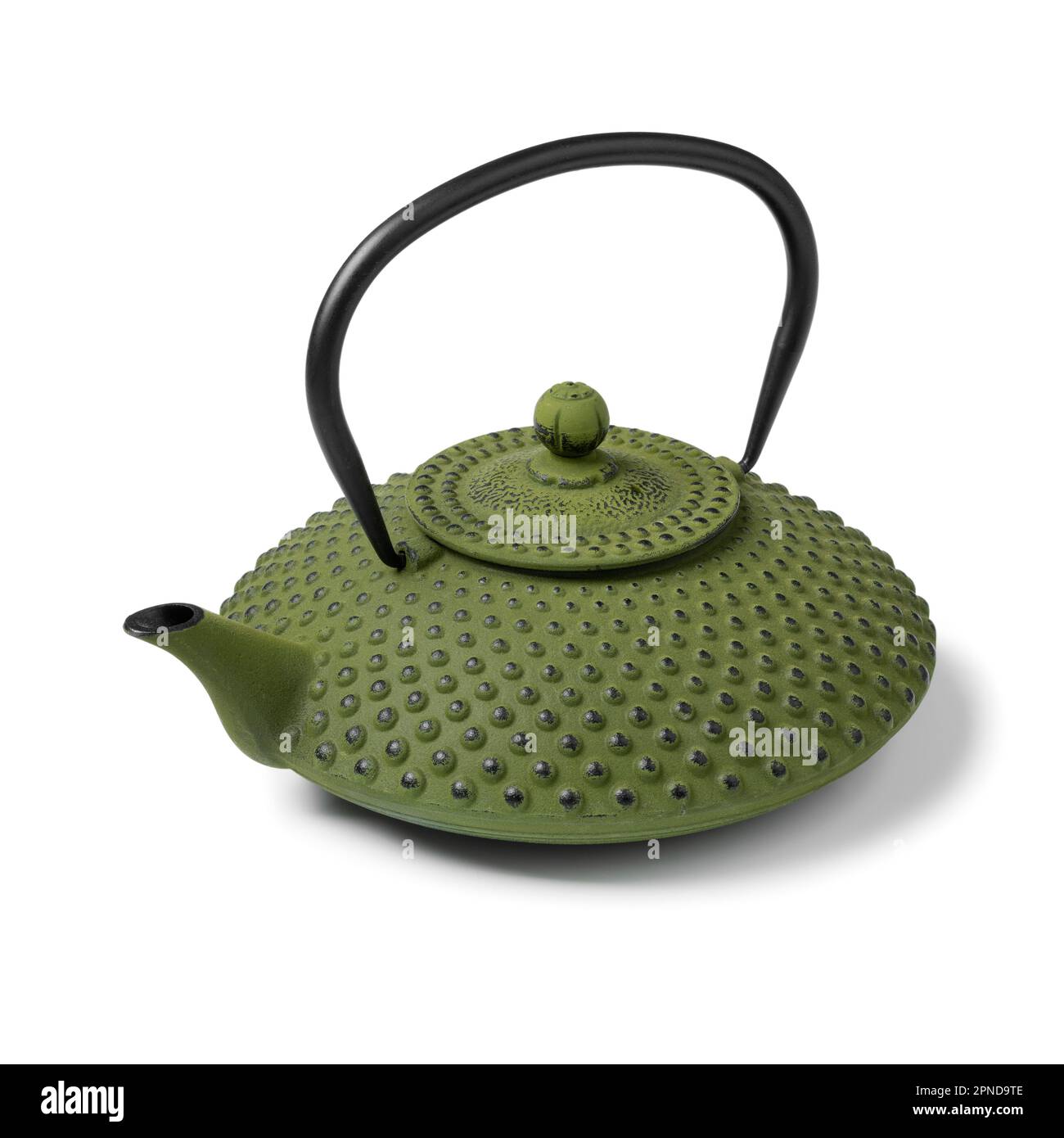 Authentic Japanese green Cast Iron Kettle and Teapot isolated on white background close up Stock Photo