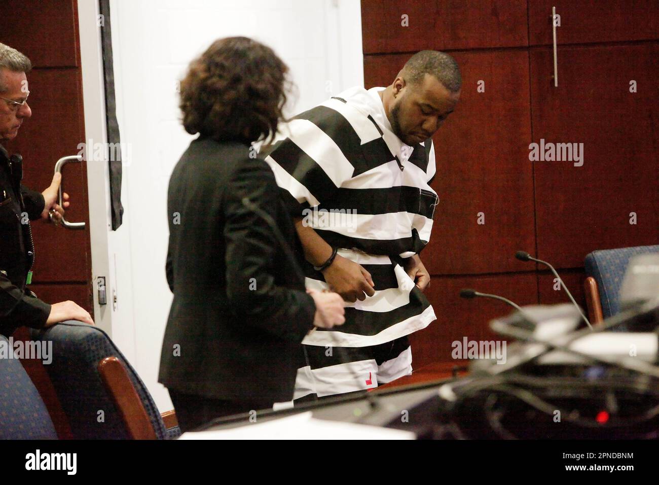 Anthony Lamar Jones (right) of Fairfield enters Department 17 for his  arraignment at the Law and Justice Center, Superior Court of California,  County of Solano for the kidnapping, rape, and murder of