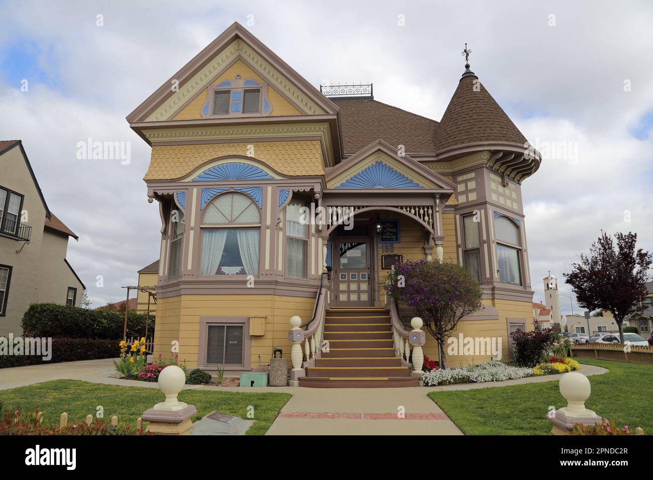 Salinas, California / USA - April 5, 2021: The birthplace and boyhood home of writer John Steinbeck is shown from an exterior, front view. Stock Photo