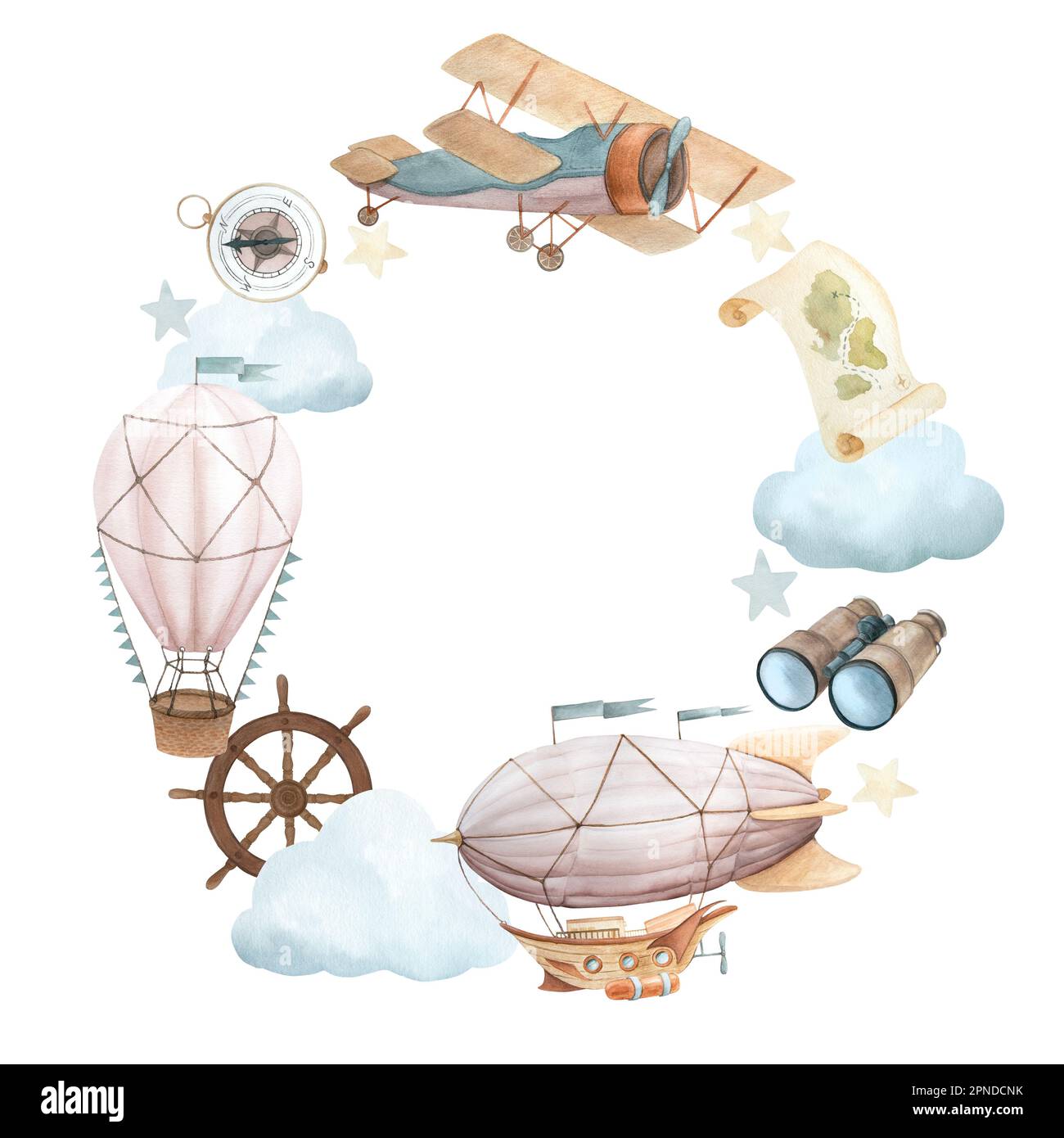 Watercolor illustration of wreath with flying vehicles and travel