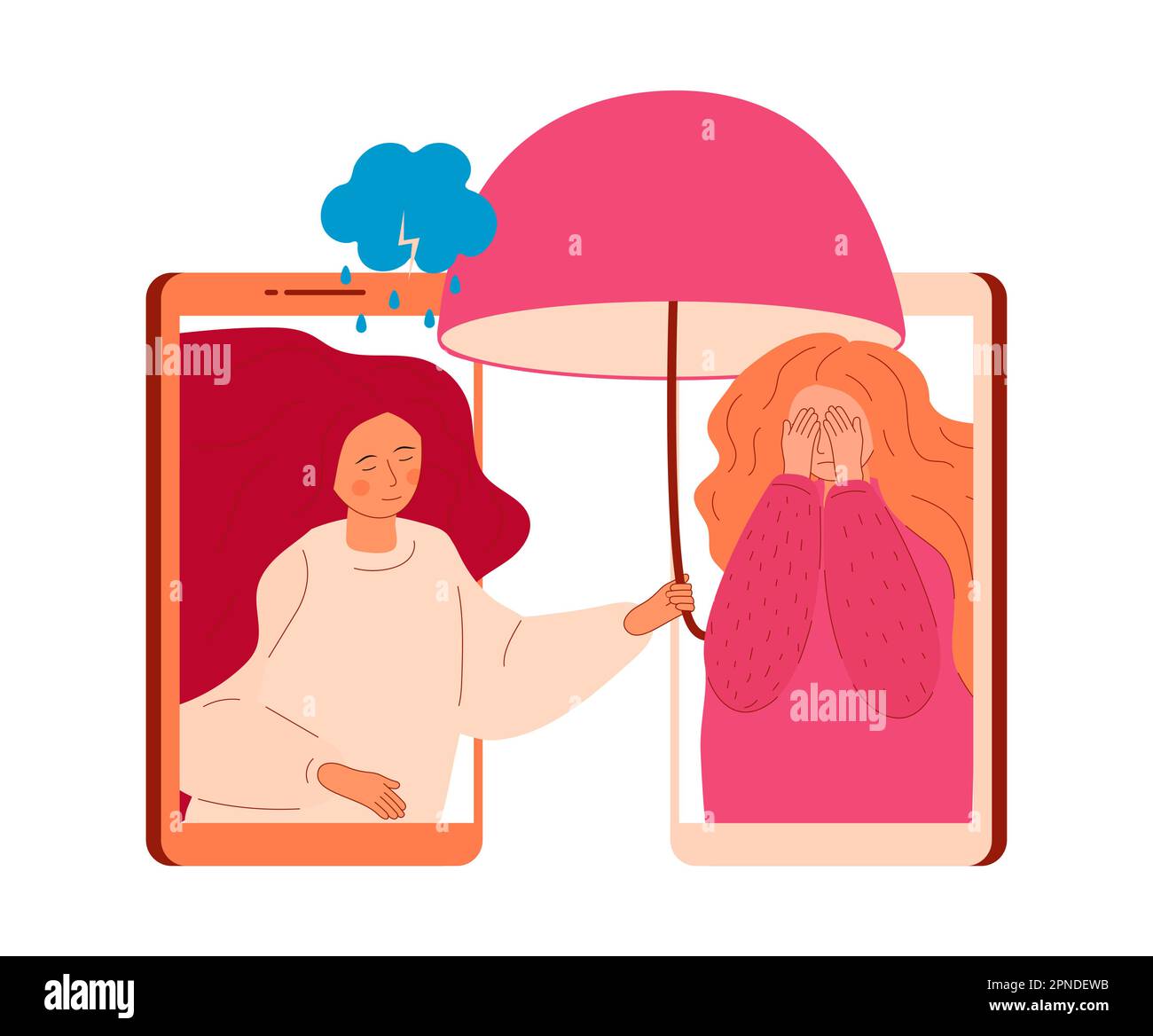Online psychology help. Sad, crying woman with long hair. Panic attack of woman concept vector. Doctor of psychiatry taking umbrella and protect from Stock Vector