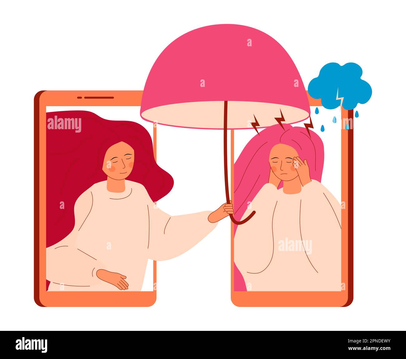 Online psychology help. Sad, crying woman with long hair. Panic attack of woman concept vector. Doctor of psychiatry taking umbrella and protect from Stock Vector