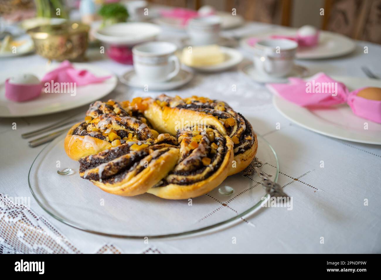 Fresh Cakes Pastries at Easter Holidays Table Stock Photo
