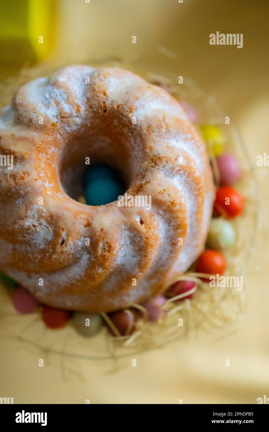 Fresh Cakes Pastries at Easter Holidays Table Stock Photo