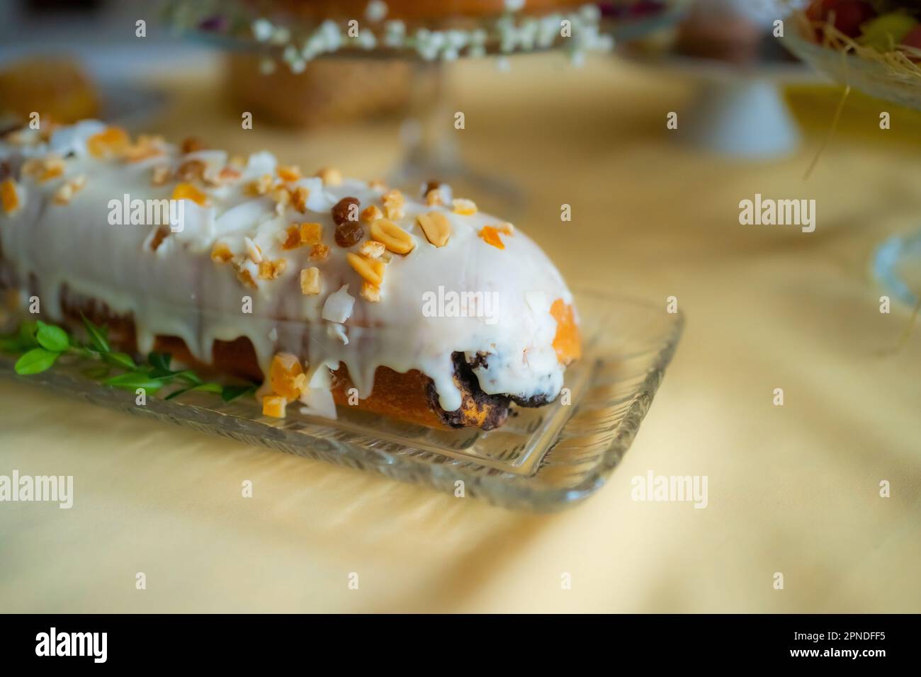 Fresh Cakes Pastries at Easter Holidays Table Stock Photo