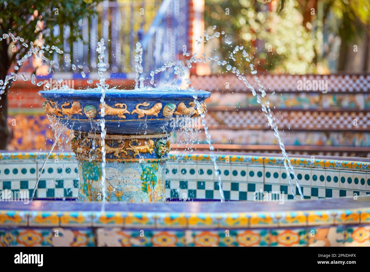 Detail of a decorated fountain in Andalusian style inside the 'Patio Andaluz' of the 'Rosedal Garden', Palermo Woods, Buenos Aires, Argentina. Stock Photo