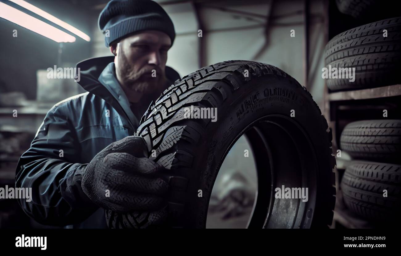 Man lifting a tire in a garage Stock Photo Alamy