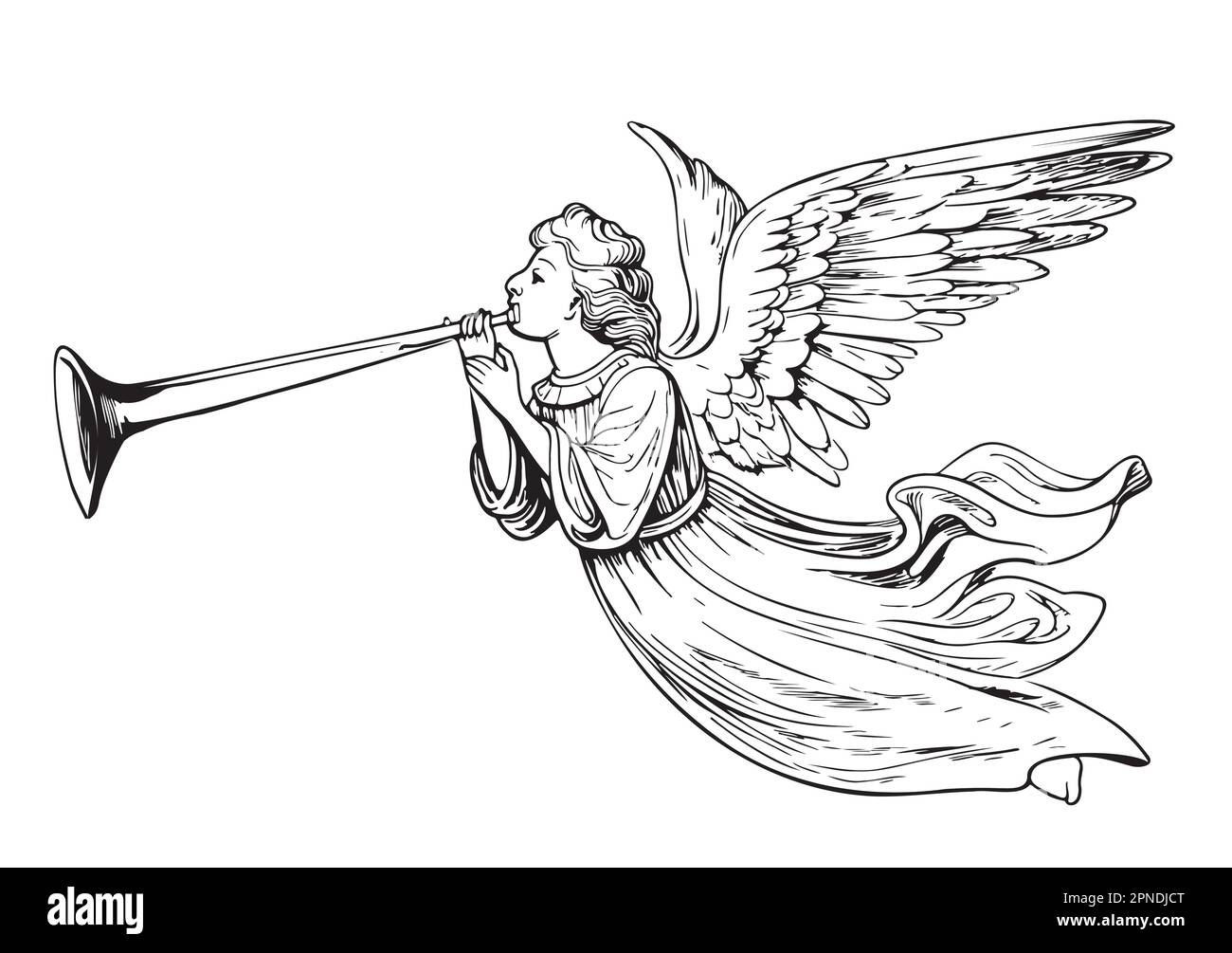 Angel playing the trumpet hand drawn sketch illustration Stock Vector