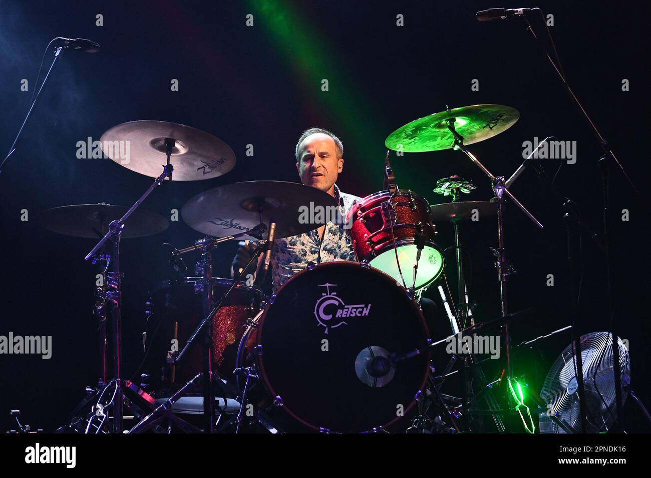 Rio de Janeiro, Brazil, April 14, 2023. Drummer Mark Kingsmill of the Australian alternative rock band Hoodoo Gurus, during a show at Qualistage in th Stock Photo