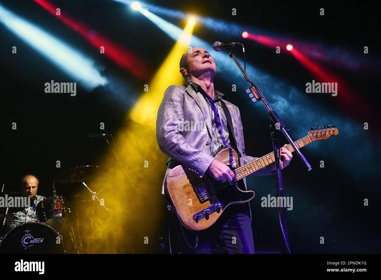 Rio de Janeiro, Brazil, April 14, 2023. Vocalist Dave Faulkner of the Australian alternative rock band Hoodoo Gurus, during a show at Qualistage in th Stock Photo