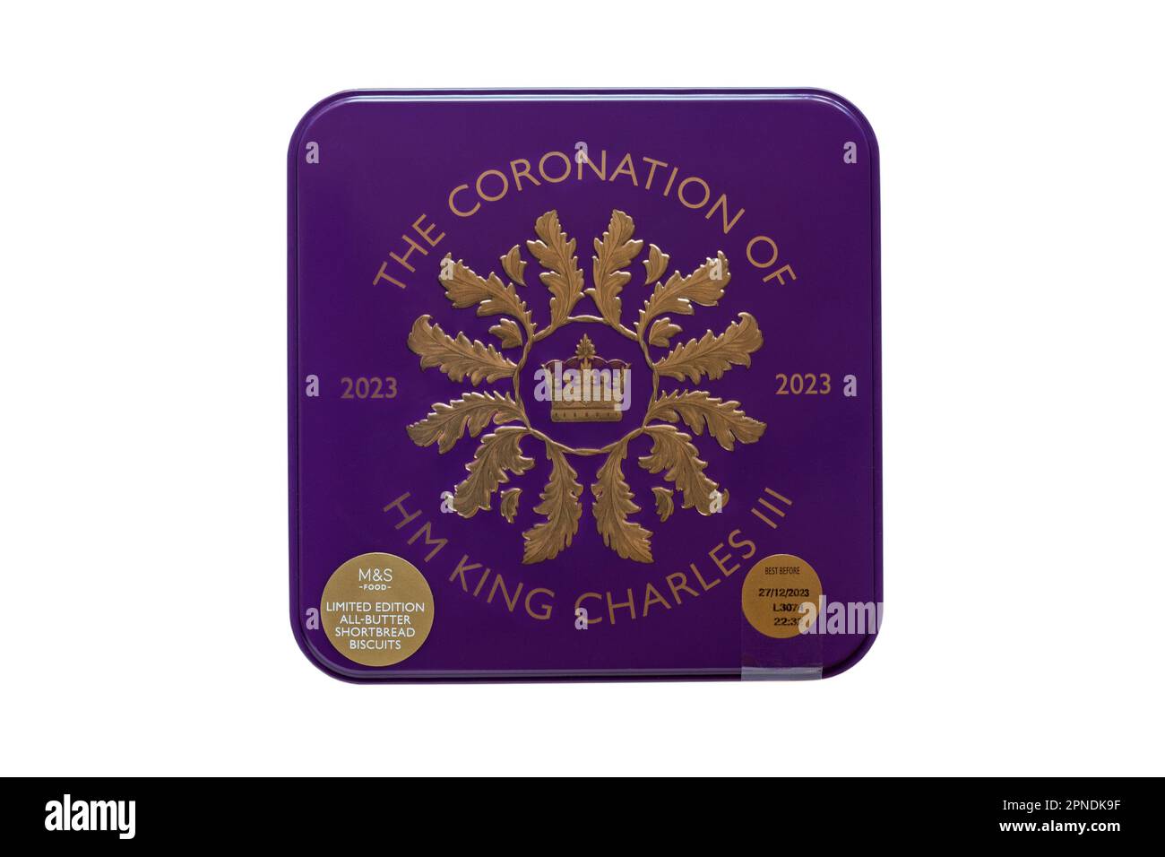 Tin of limited edition all butter shortbread biscuits to commemorate The Coronation of HM King Charles III 2023 from M&S isolated on white background Stock Photo
