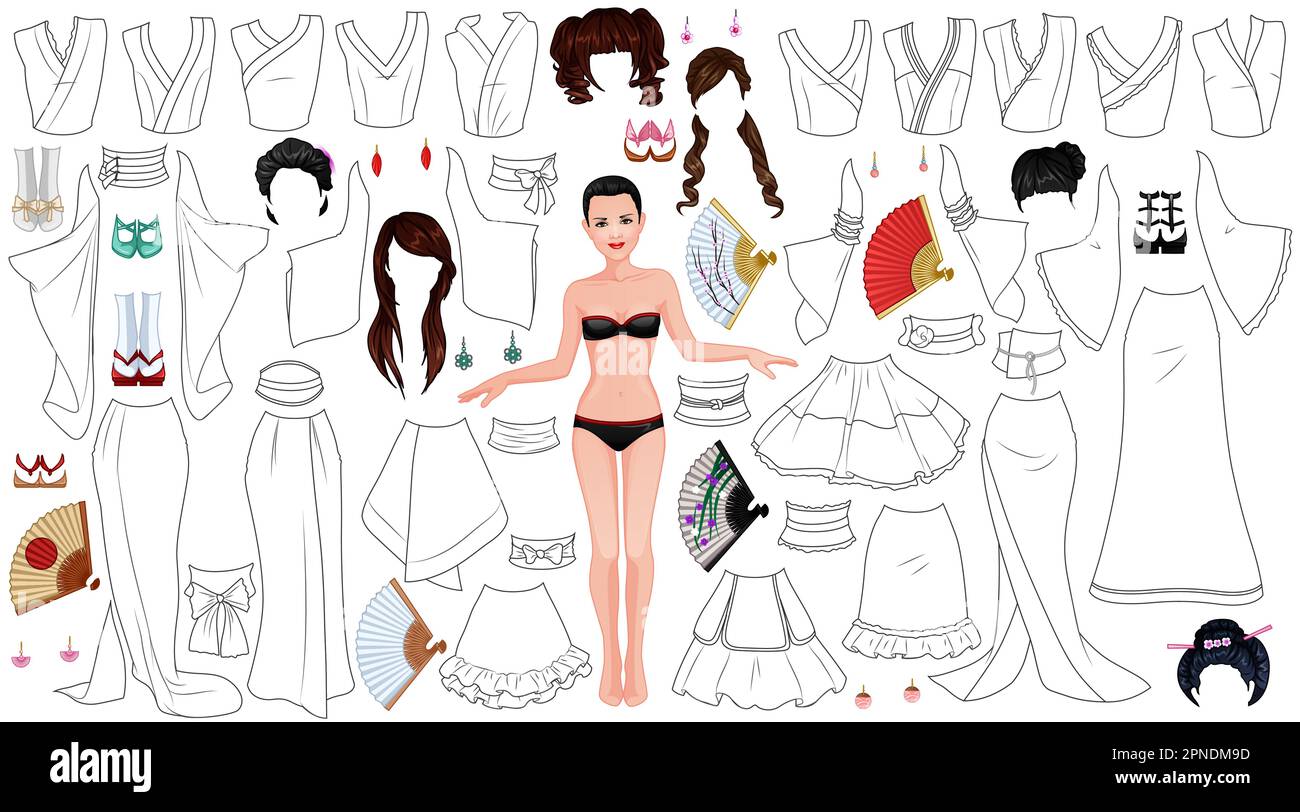 Kimono Dress Coloring Page Paper Doll with Female Figure, Clothes,  Hairstyles and Accessories. Vector Illustration Stock Vector Image & Art -  Alamy