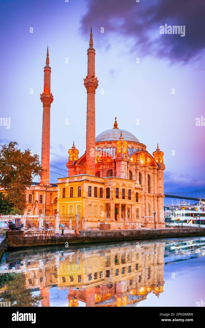 Istanbul, Turkey. Ortakoy Mosque located on the Bosphorus, is an iconic symbol of Otooman Empire's cultural and architectural heritage. Stock Photo
