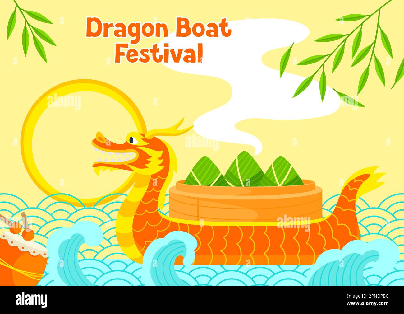 Happy Dragon Boat Festival greeting card. Chinese Duanwu holiday. Traditional food zongzi rice in bamboo leaves. Stock Vector