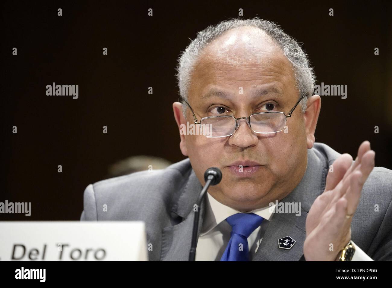Washington, United States. 18th Apr, 2023. Secretary of the Navy Carlos Del Toro speaks during a Senate Armed Services Committee Hearing in review of the Defense Authorization Request for Fiscal Year 2024 .at the U.S. Capitol in Washington, DC on Tuesday, April 18, 2023. Photo by Bonnie Cash/UPI Credit: UPI/Alamy Live News Stock Photo