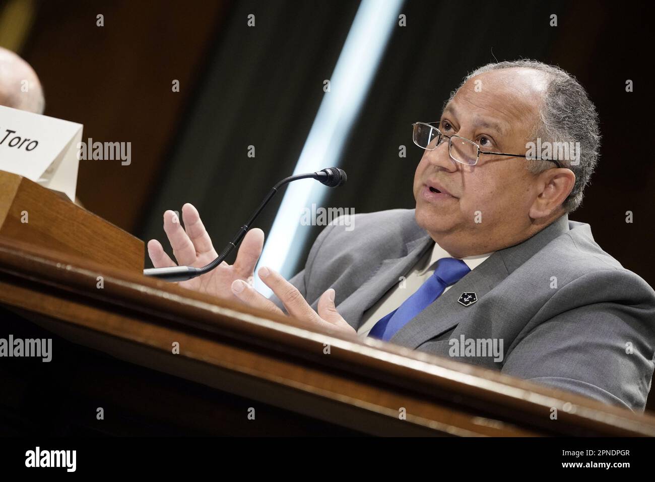 Washington, United States. 18th Apr, 2023. Secretary of the Navy Carlos Del Toro speaks during a Senate Armed Services Committee Hearing in review of the Defense Authorization Request for Fiscal Year 2024 .at the U.S. Capitol in Washington, DC on Tuesday, April 18, 2023. Photo by Bonnie Cash/UPI Credit: UPI/Alamy Live News Stock Photo