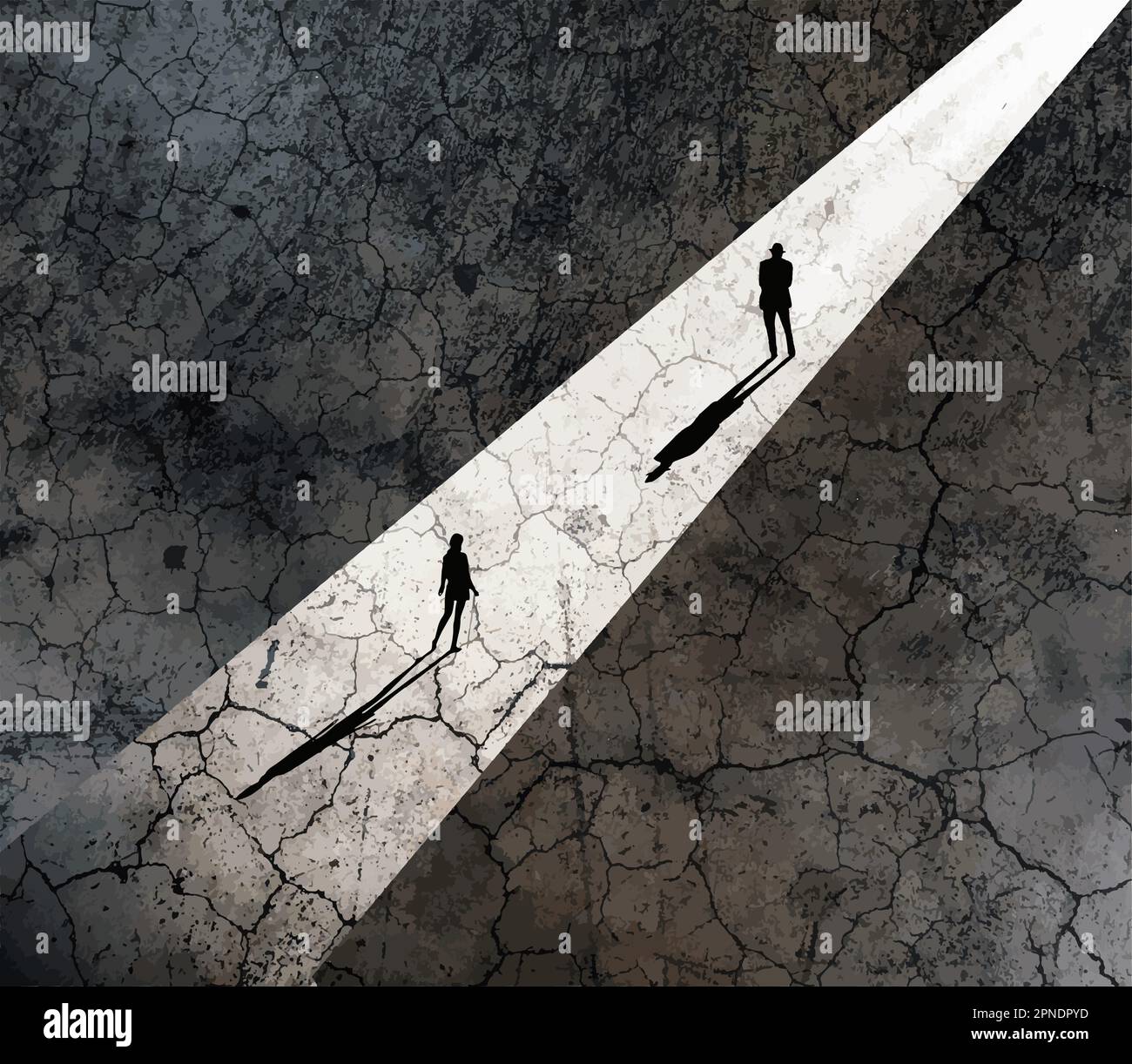 A woman encounters a man as they stand in a shaft of sunlight coming through a door in a vector background image. Stock Vector