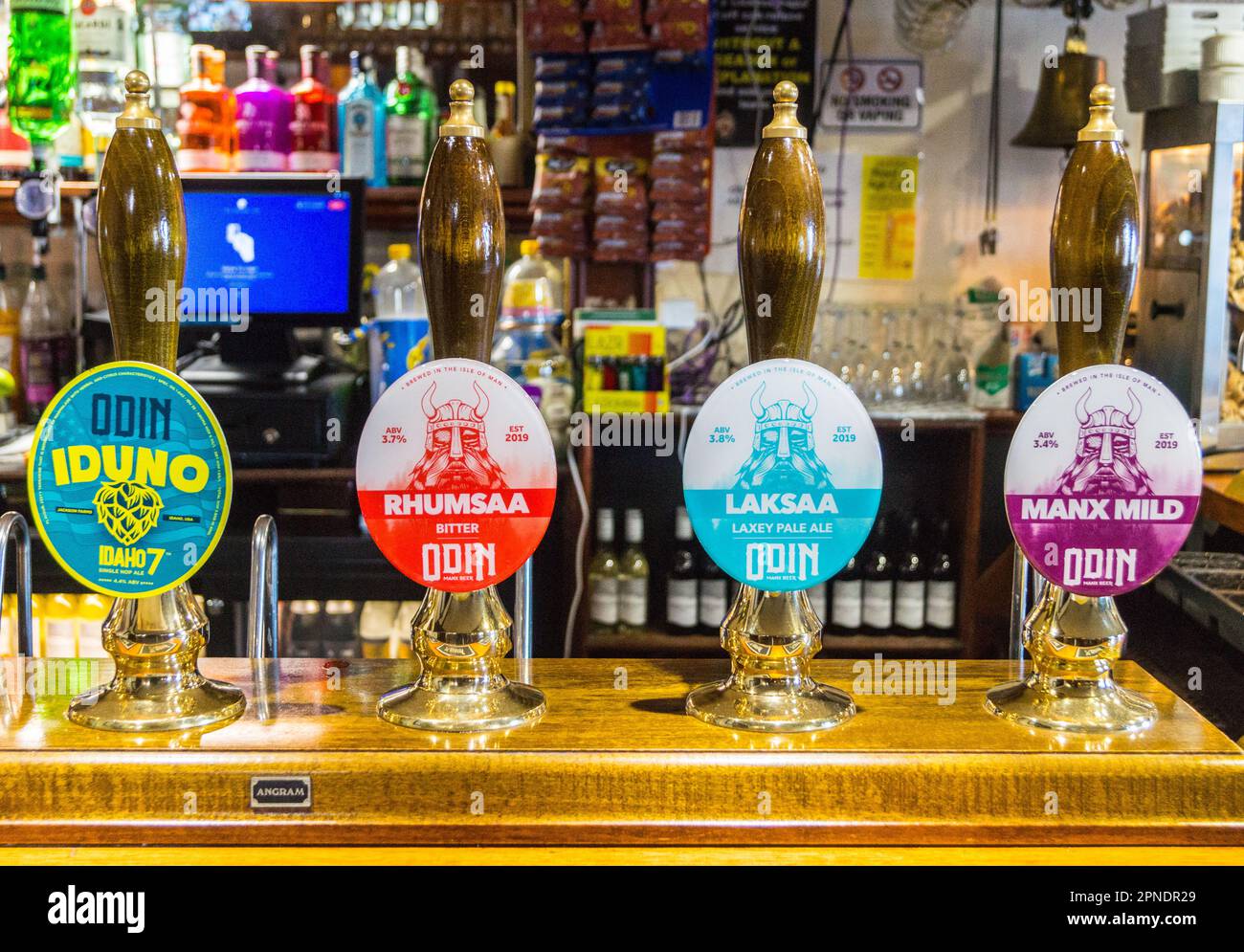 Pump clips and handpumps for Odin brewery beers, Trafalgar Hotel, Ramsey , Isle of Man Stock Photo