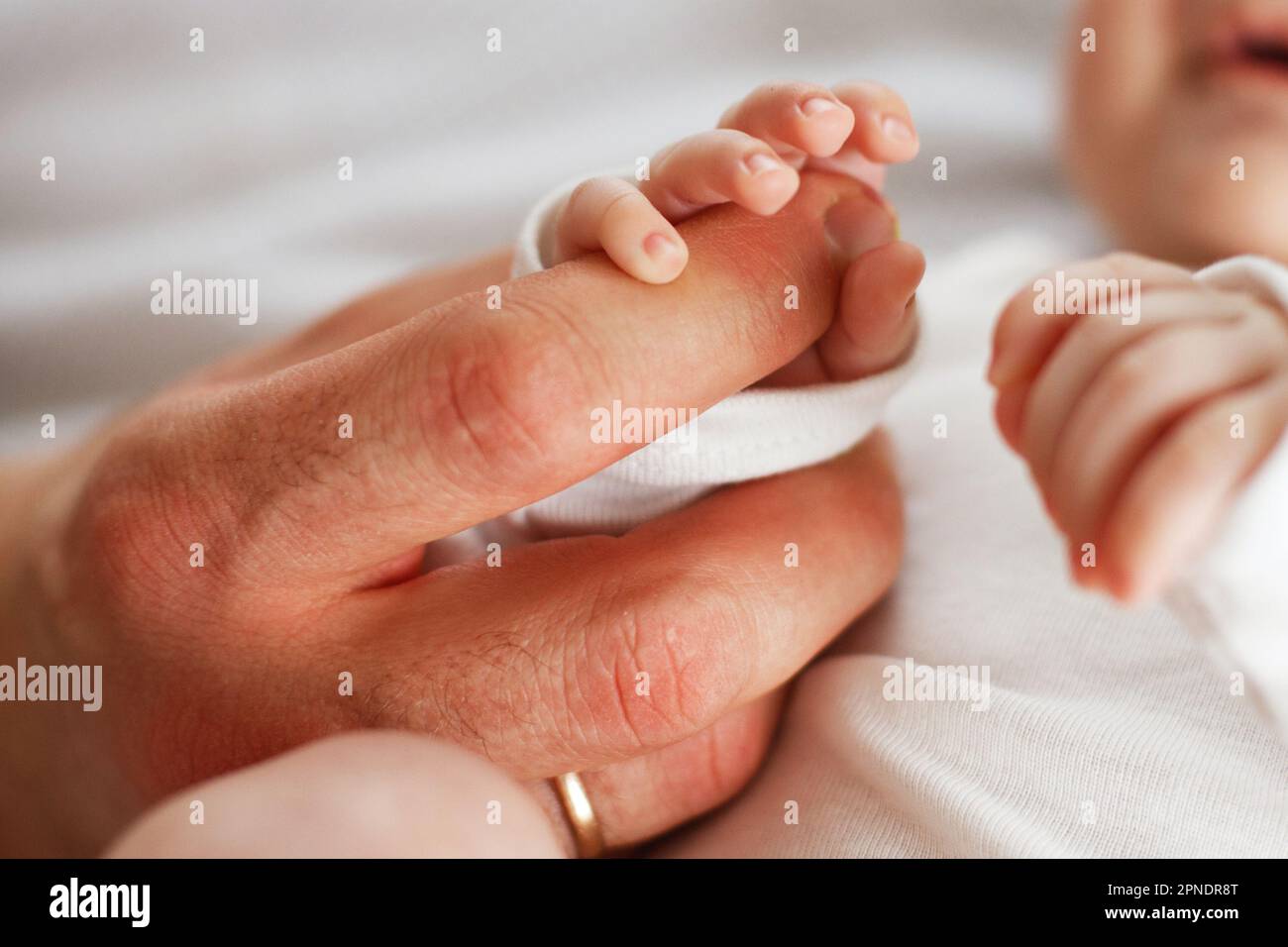 Close up photo of father holding baby hand. New family, care, love and baby protection concept. Stock Photo