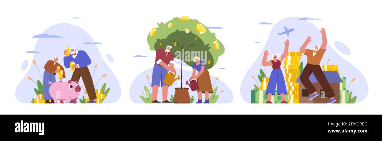 Flat aged people saving money. Older characters on retired grow money tree, collect cash and put coins in piggybank. Pension savings. Pensioners invest finance and enjoy financial incomes and profits. Stock Vector