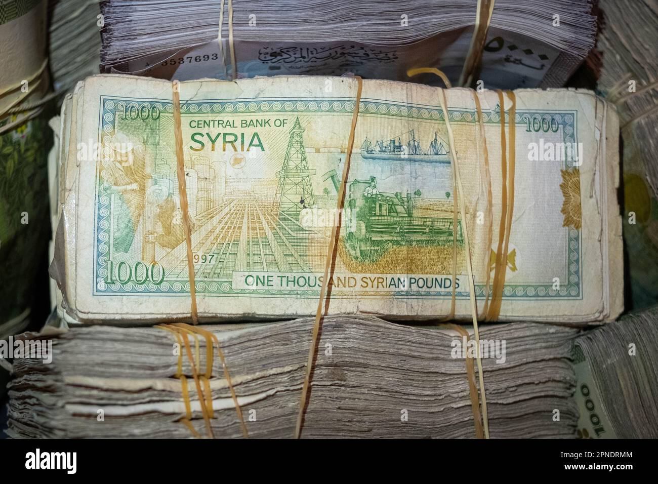 Damascus, Syria - may, 2023: Syrian Lira or Syrian Pound, closeup of paper money in Syria Stock Photo