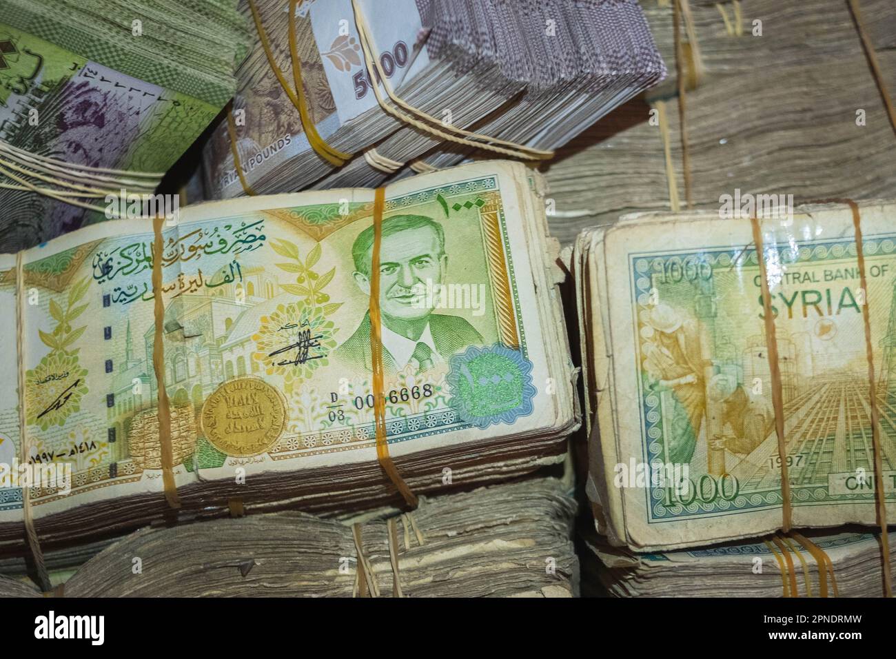 Damascus, Syria - may, 2023: Syrian Lira or Syrian Pound, closeup of paper money in Syria Stock Photo