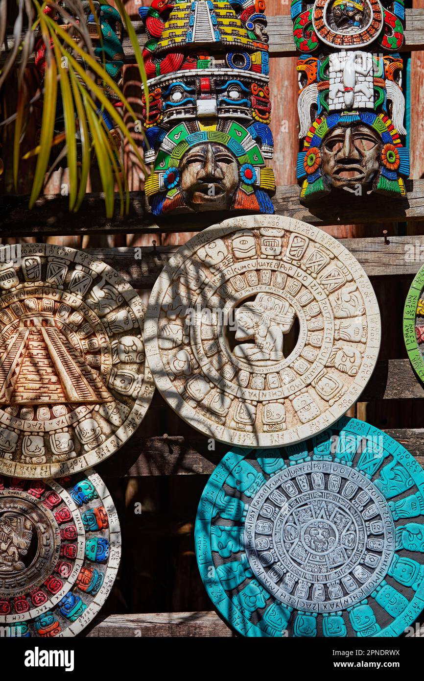 Mayan calendars on sale inside the Yucatec-Maya archaeological site of Ek Balam, Temozón, Yucatan, Mexico. Stock Photo