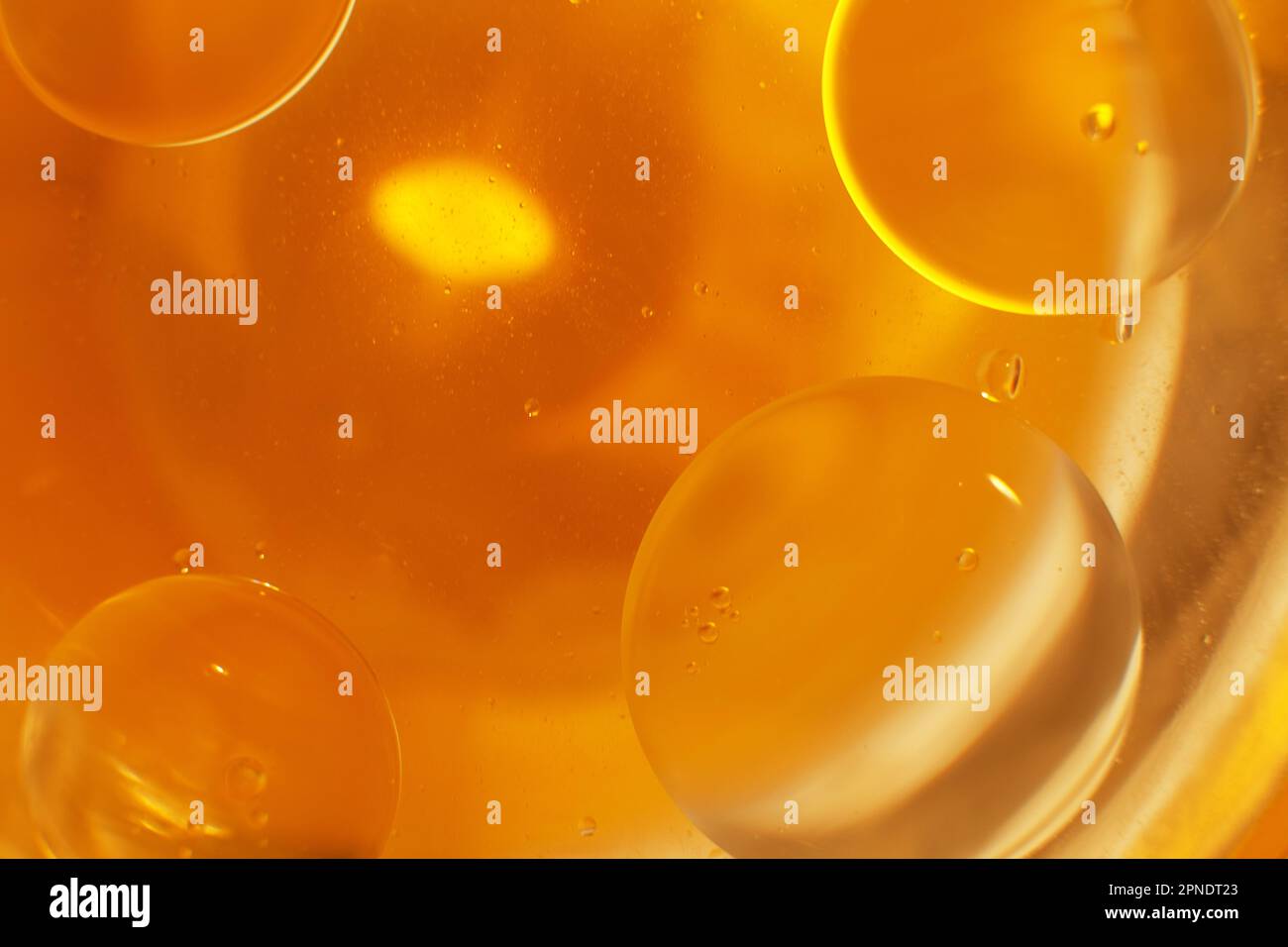 Gold Oil bubbles close up. circles of orange water macro. abstract shiny yellow background. Stock Photo