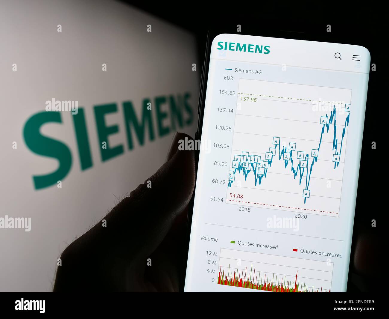 Person holding cellphone with webpage of German conglomerate Siemens AG on screen in front of business logo. Focus on center of phone display. Stock Photo