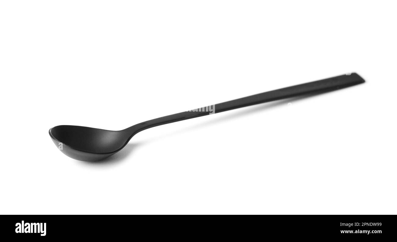 Black matte metal spoon with a long handle on a white background