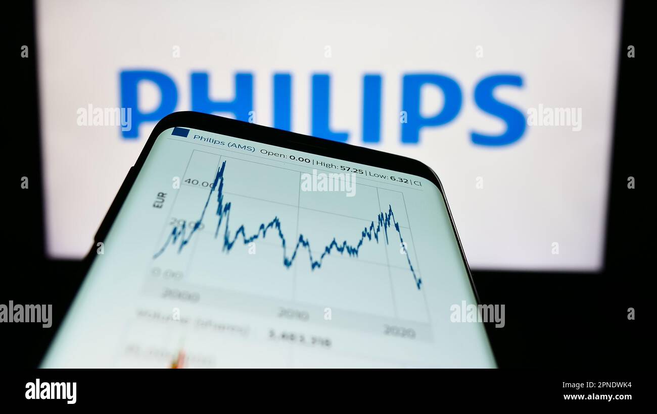Mobile phone with website of Dutch company Koninklijke Philips N.V. on screen in front of business logo. Focus on top-left of phone display. Stock Photo