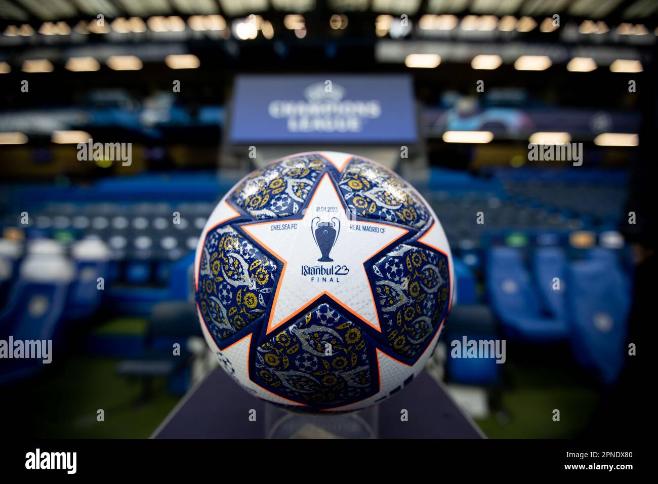 Official ball of the Uefa Champions League pictured during the UEFA Champions League Quarter Final match between Chelsea and Real Madrid at Stamford Bridge, London on Tuesday 18th April 2023