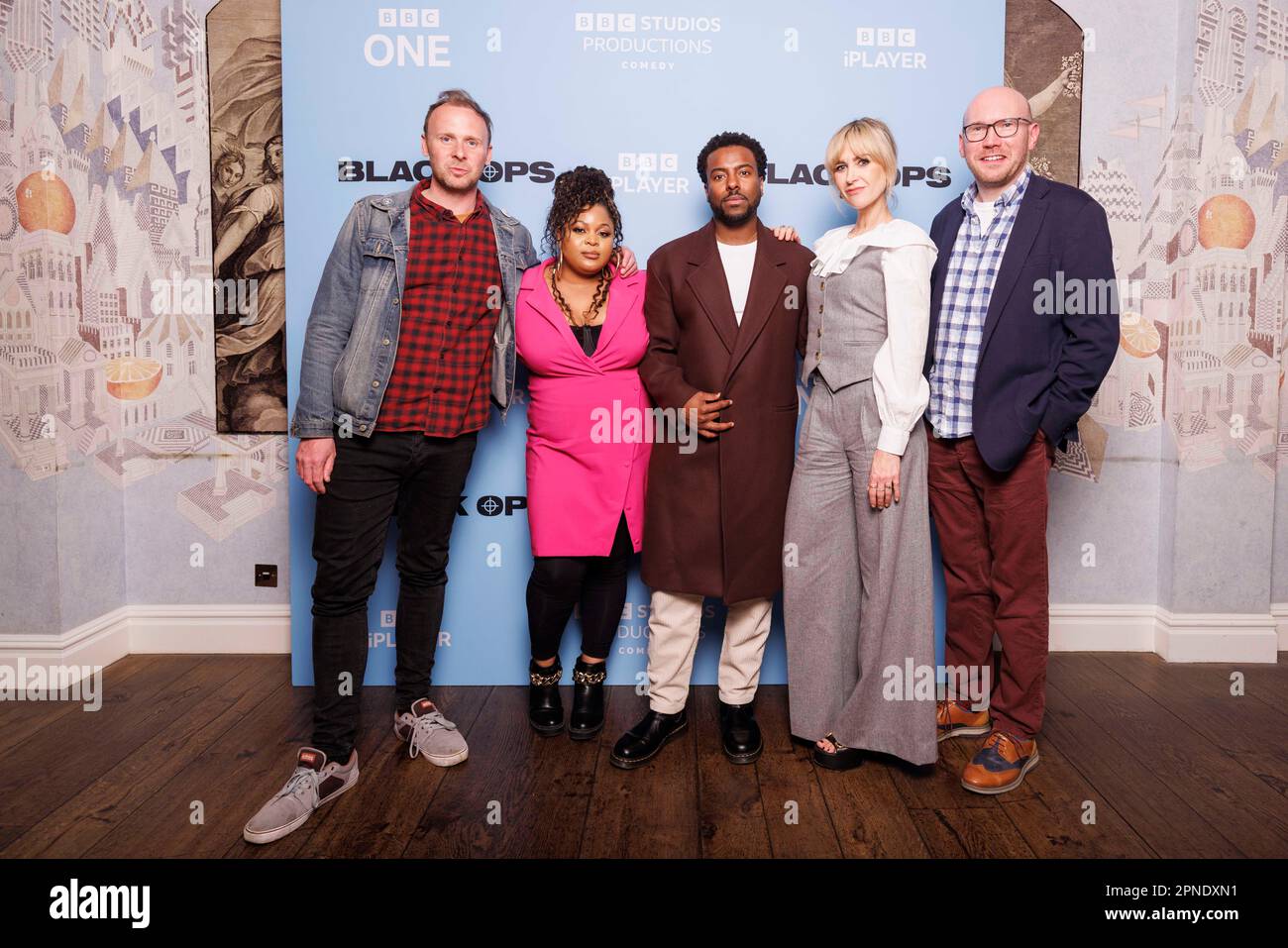 BLACK OPS press launch. (L to R) COLIN HOULT, GBEMISOLA IKUMELO,  AKEMNJI NDIFORNYEN, KATHERINE KELLY, ALEX MACQUEEN. Stock Photo